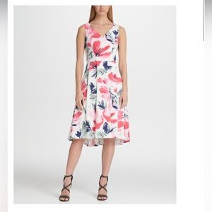 New DKNY Womens Pink Floral Sleeveless V Neck Midi Fit + Flare Dress Size: 4